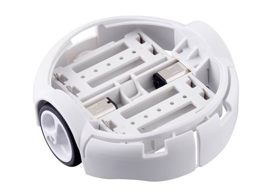 3pi+ Chassis Kit, front view, assembled with Micro Metal Gearmotors (motors not included).