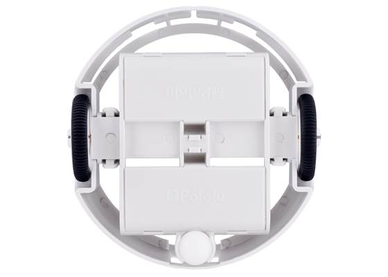 3pi+ Chassis Kit, bottom view, assembled with Micro Metal Gearmotors (motors not included).