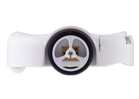 3pi+ Chassis Kit, side view, assembled with Micro Metal Gearmotors (motors not included).