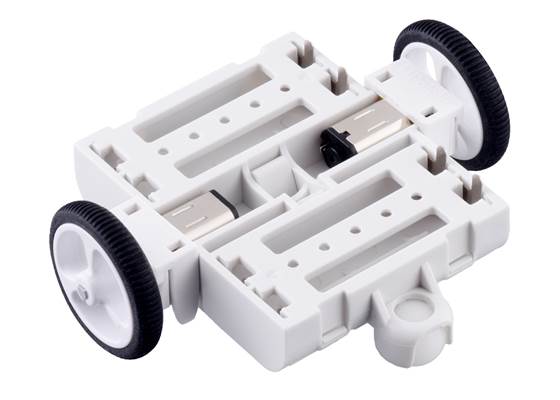 3pi+ Chassis Kit, rear view with motors and motor clips installed in place of the outer skirt (motors not included).