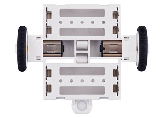 3pi+ Chassis Kit, top view with motors and motor clips installed in place of the outer skirt (motors not included).