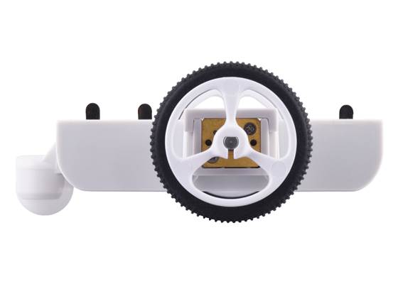 3pi+ Chassis Kit, side view with motors and motor clips installed in place of the outer skirt (motors not included).