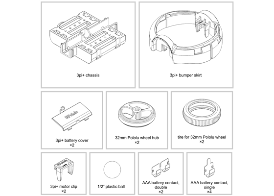 Contents of the 3pi+ Chassis Kit.