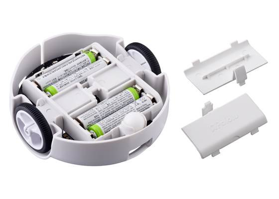 3pi+ 32U4 Robot, bottom view with batteries installed (batteries not included).
