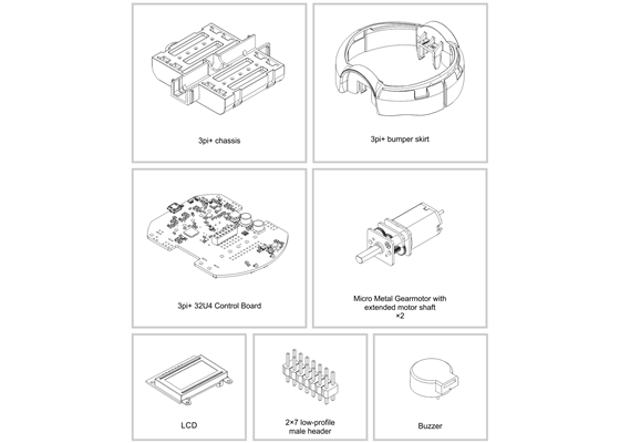 Contents of the 3pi+ 32U4 robot kit (page 1 of 2).