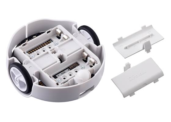 3pi+ 32U4 Robot, bottom view showing the insides of the battery compartments.