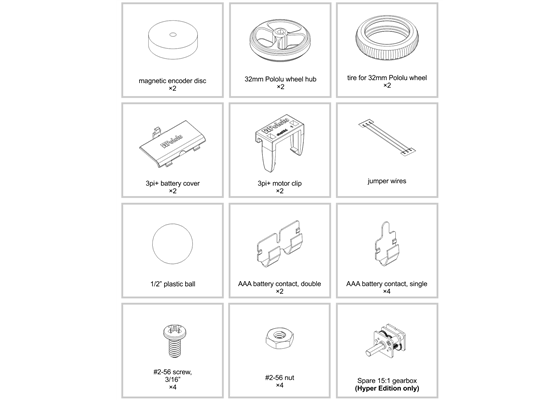 Contents of the 3pi+ 32U4 robot kit (page 2 of 2).
