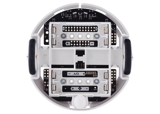 3pi+ 32U4 Robot, bottom view with battery compartment covers removed.