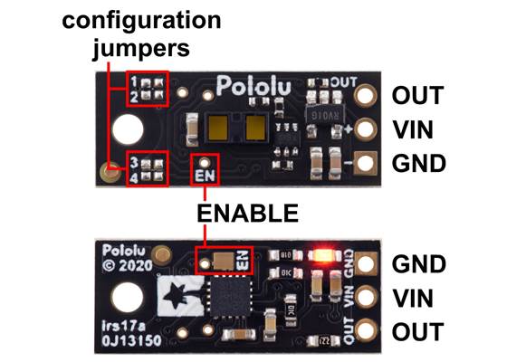 Pinout and configuration jumper locations of the long-range versions of the Pololu Digital Distance Sensor.