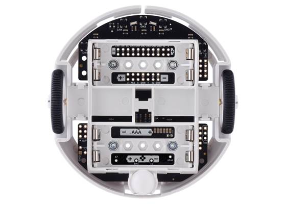 3pi+ 32U4 OLED Robot, bottom view with battery compartment covers removed.