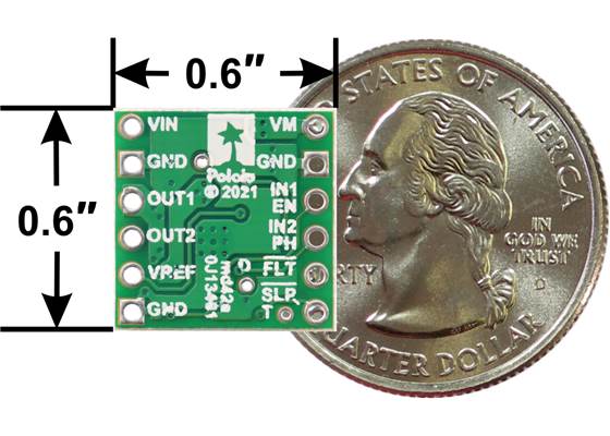 DRV8256E/P Single Brushed DC Motor Driver Carrier, bottom view with dimensions.