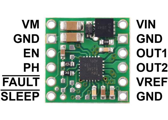 DRV8256E Single Brushed DC Motor Driver Carrier, top view with labeled pinout.