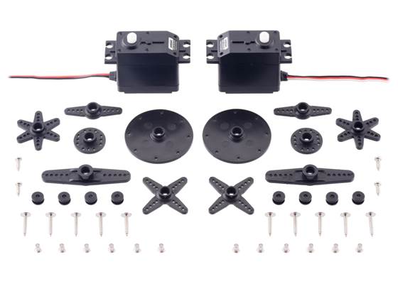 An example of the hardware included with the SpringRC SM-S4303R Continuous Rotation Servo Pair (actual hardware might vary).