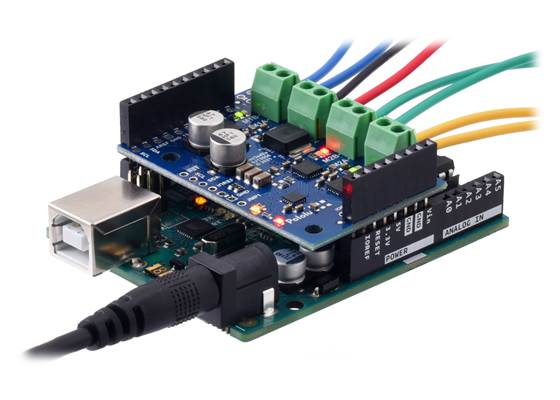 Motoron M3S256 shield being controlled by an Arduino Uno.