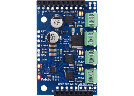 Motoron M3S256 Triple Motor Controller Shield for Arduino (Connectors Soldered), top view.
