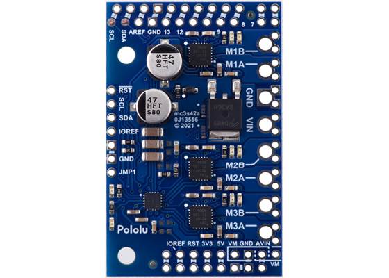 Motoron M3S256 Triple Motor Controller Shield for Arduino, top view.