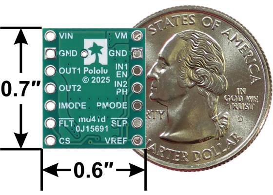 DRV8874 Single Brushed DC Motor Driver Carrier, bottom view with dimensions.