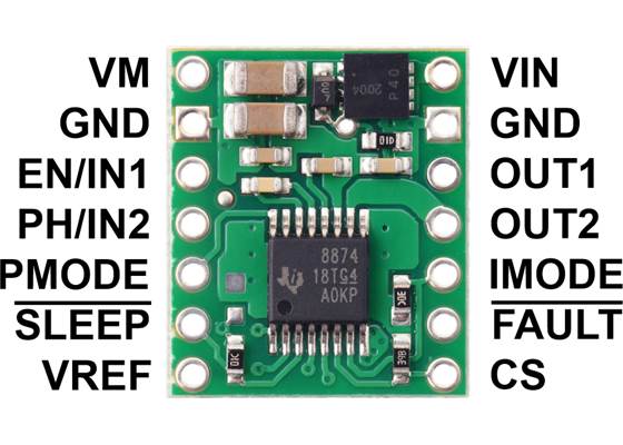 DRV8874 Single Brushed DC Motor Driver Carrier, top view with labeled pinout.