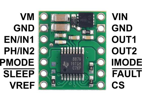 DRV8876 Single Brushed DC Motor Driver Carrier, top view with labeled pinout.