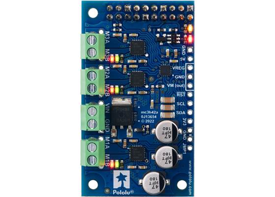 Motoron M3H256 Triple Motor Controller for Raspberry Pi (Connectors Soldered), top view.