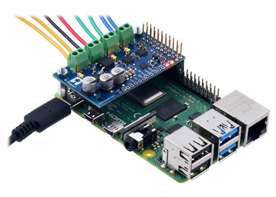A Motoron M3H256 being controlled by a Raspberry Pi.