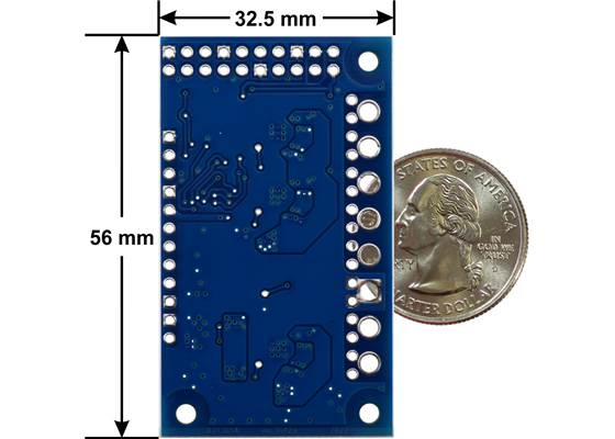 Motoron M3H256 Triple Motor Controller Kit for Raspberry Pi, bottom view with dimensions.