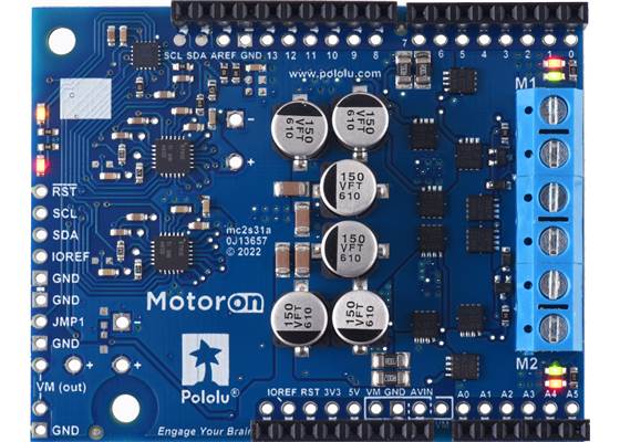 Motoron M2S18v18 Dual High-Power Motor Controller Shield for Arduino (Connectors Soldered), top view.