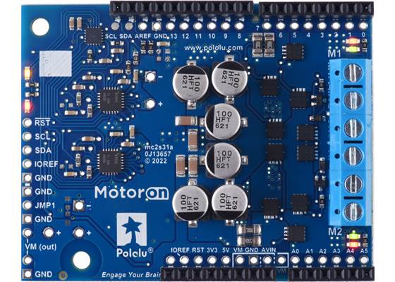 Motoron M2S24v14 Dual High-Power Motor Controller Shield for Arduino (Connectors Soldered), top view.