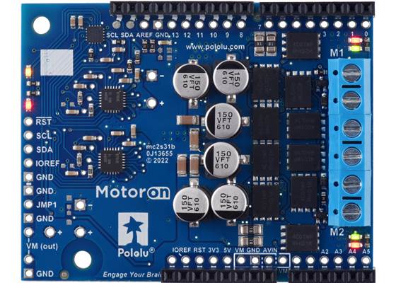Motoron M2S18v20 Dual High-Power Motor Controller Shield for Arduino (Connectors Soldered), top view.