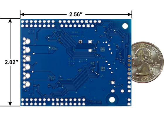 Motoron M2S18v20 or M2S24v16 Dual High-Power Motor Controller Shield for Arduino, bottom view with dimensions.