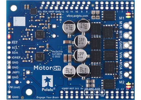 Motoron M2S18v20 Dual High-Power Motor Controller Shield for Arduino, top view.