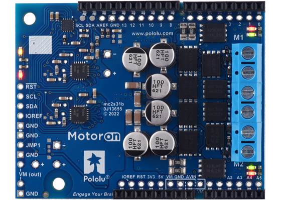 Motoron M2S24v16 Dual High-Power Motor Controller Shield for Arduino (Connectors Soldered), top view.