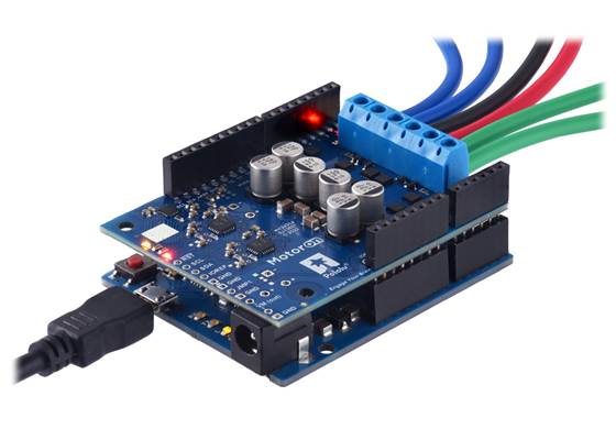 Motoron M2S shield being controlled by an Arduino Leonardo.