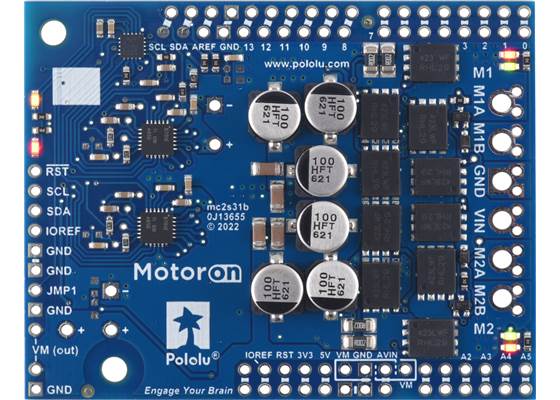 Motoron M2S24v16 Dual High-Power Motor Controller Shield for Arduino, top view.