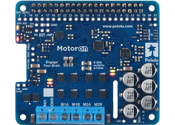 Motoron M2H18v18 Dual High-Power Motor Controller for Raspberry Pi (Connectors Soldered), top view.