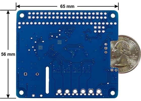 Motoron M2H18v18 or M2H24v14 Dual High-Power Motor Controller for Raspberry Pi, bottom view with dimensions.