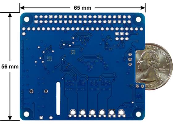 Motoron M2H18v20 or M2H24v16 Dual High-Power Motor Controller for Raspberry Pi, bottom view with dimensions.