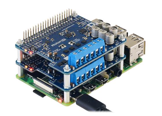 Two Motoron M2H shields stacked on a Raspberry Pi.