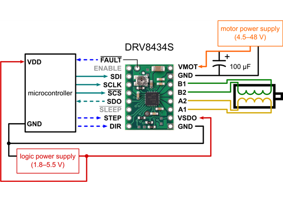 Typical wiring diagram for connecting a microcontroller to a DRV8434S stepper motor driver carrier.