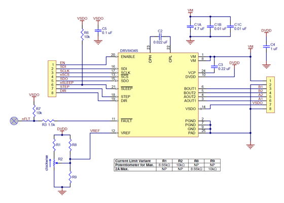 Schematic diagram of the DRV8434S SPI Stepper Motor Driver Carrier.