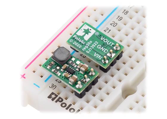 Step-Up Voltage Regulators U3V16Fx in a breadboard.
