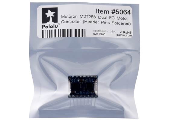 Standard packaging for the Motoron M2T256 Dual I²C Motor Controller (Header Pins Soldered).