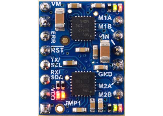 Motoron M2T256/M2U256 Dual Motor Controller (Header Pins Soldered), top view.