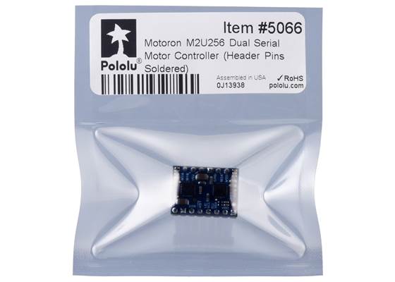 Standard packaging for the Motoron M2U256 Dual Serial Motor Controller (Header Pins Soldered).