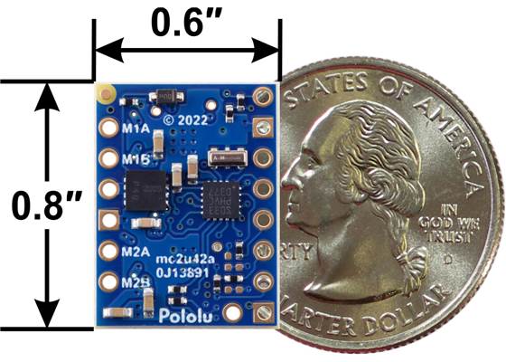 Motoron M2U256 Dual Serial Motor Controller, bottom view with dimensions.