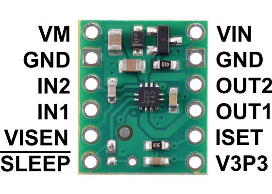 MP6550 Single Brushed DC Motor Driver Carrier, top view with labeled pinout.