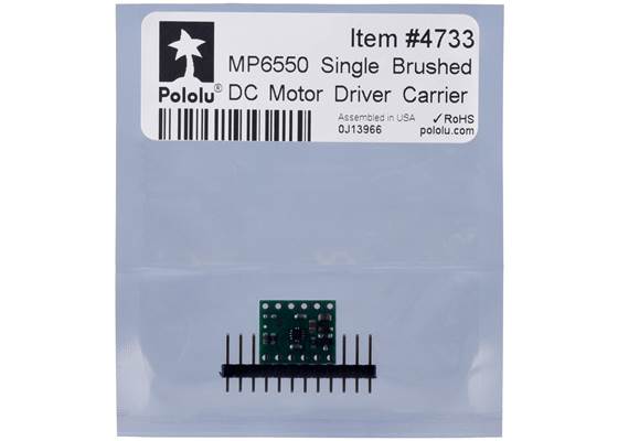 Standard packaging for the MP6550 Single Brushed DC Motor Driver Carrier.
