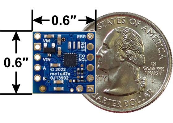 Motoron M1T256 Single I²C Motor Controller, bottom view with dimensions.