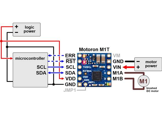 Typical wiring diagram for connecting a microcontroller to a Motoron M1T256/M1T550 Single I²C Motor Controller.