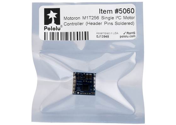 Standard packaging for the Motoron M1T256 Single I²C Motor Controller (Header Pins Soldered).